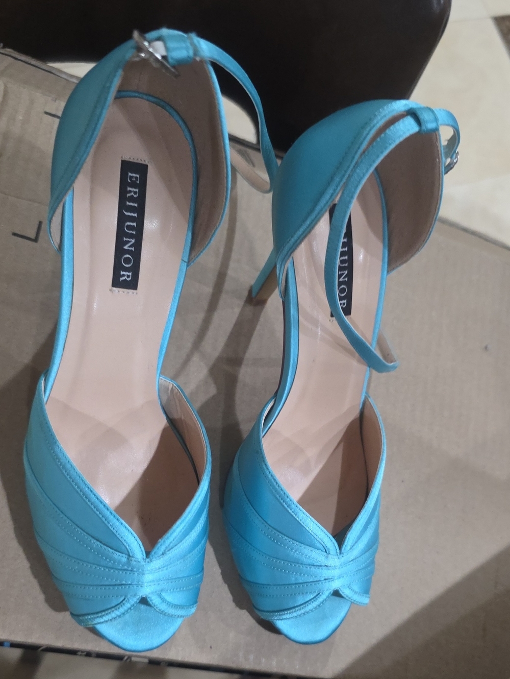 ERJJUNOR Turquoise Peep-Toe Ankle-Strap Heels